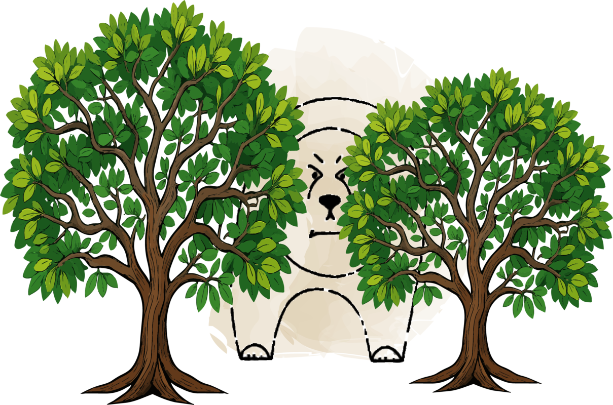 A bear peering between two trees at the edge of the garden