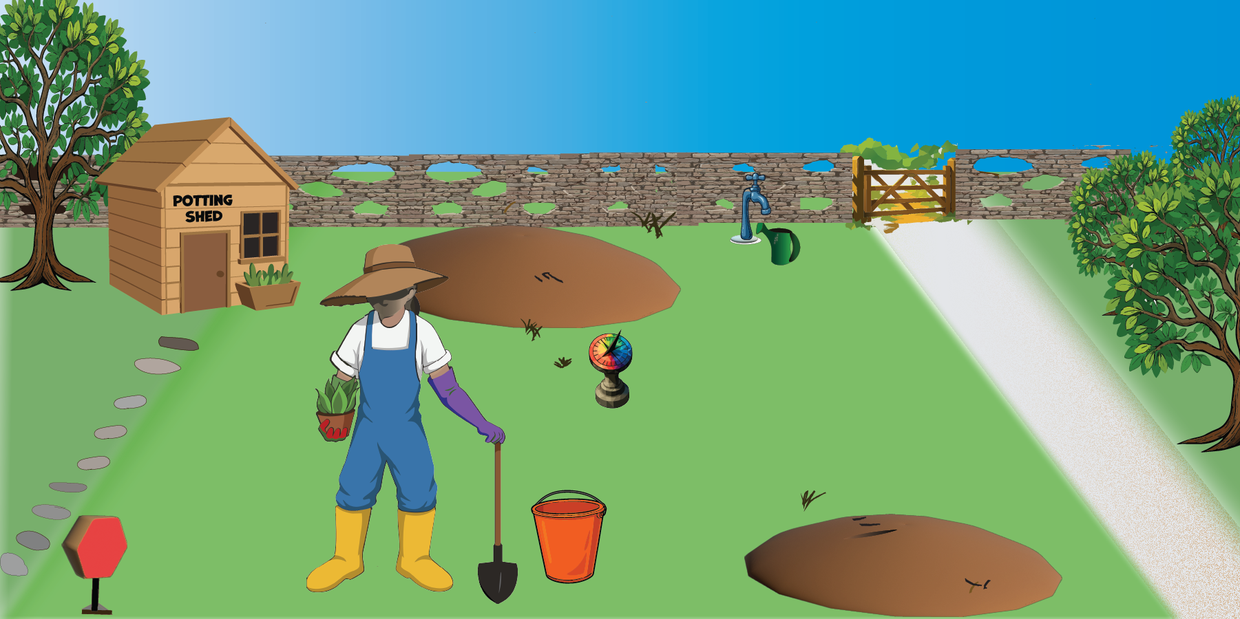 Your garden: a gardener tending, a potting shed, the alarm, a sundial, planting beds and a boundary wall with a gate