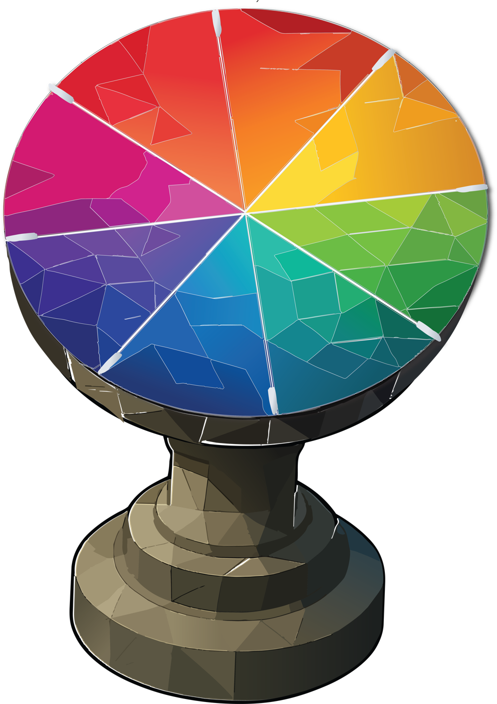 A faceted, many-coloured sundial disc on a carved stone plinth, tilted in the garden.